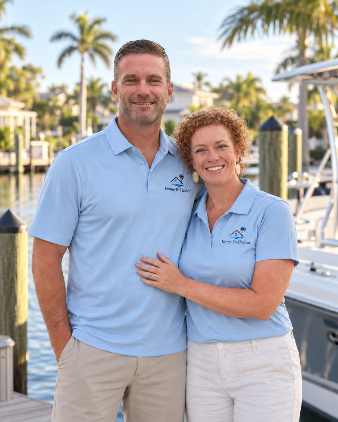 Jamie and Matt, owners of Home to Harbor Property Care, beside a boat