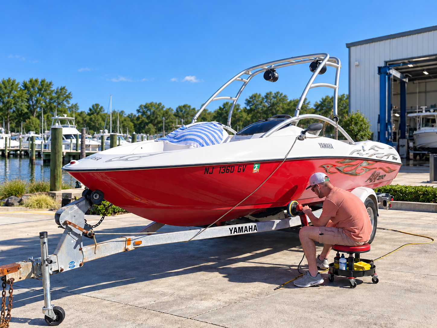Matt polishing the hull of a red-and-white boat